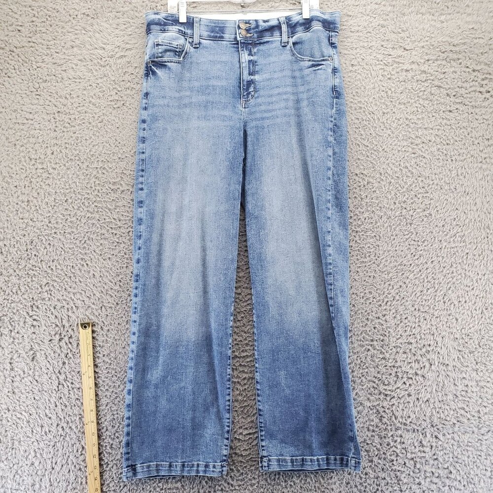 St Johns Bay Jeans Womens Size 14 Blue Wide Leg Cotton Blend Mid Rise Denim